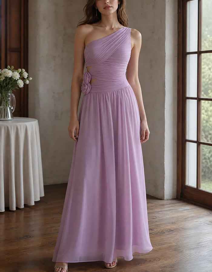 Chiffon One‑Shoulder Ruched Waist Cutout 3D Floral Maxi Dress