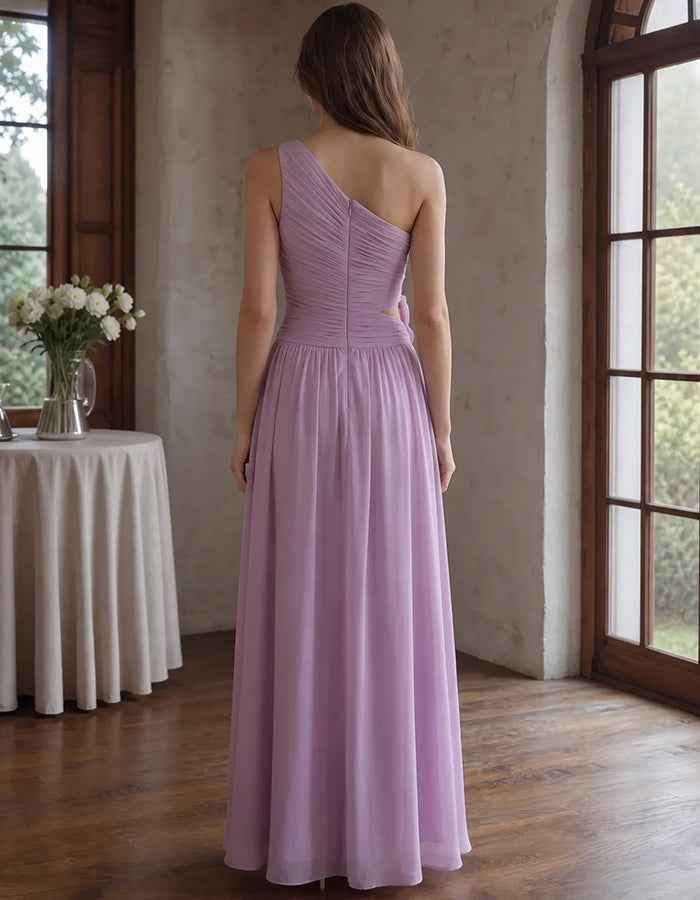 Chiffon One‑Shoulder Ruched Waist Cutout 3D Floral Maxi Dress