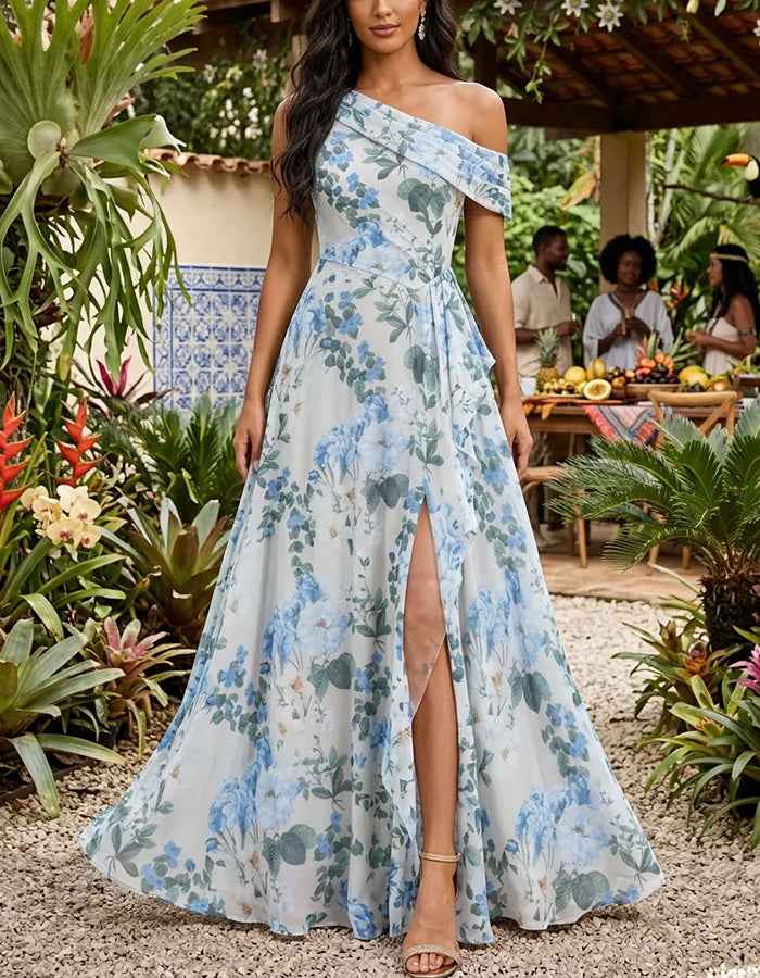 Blue Floral Chiffon One‑Shoulder Ruffled High Slit A‑Line Maxi Dress