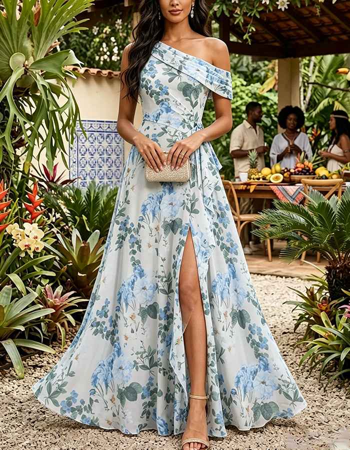 Blue Floral Chiffon One‑Shoulder Ruffled High Slit A‑Line Maxi Dress