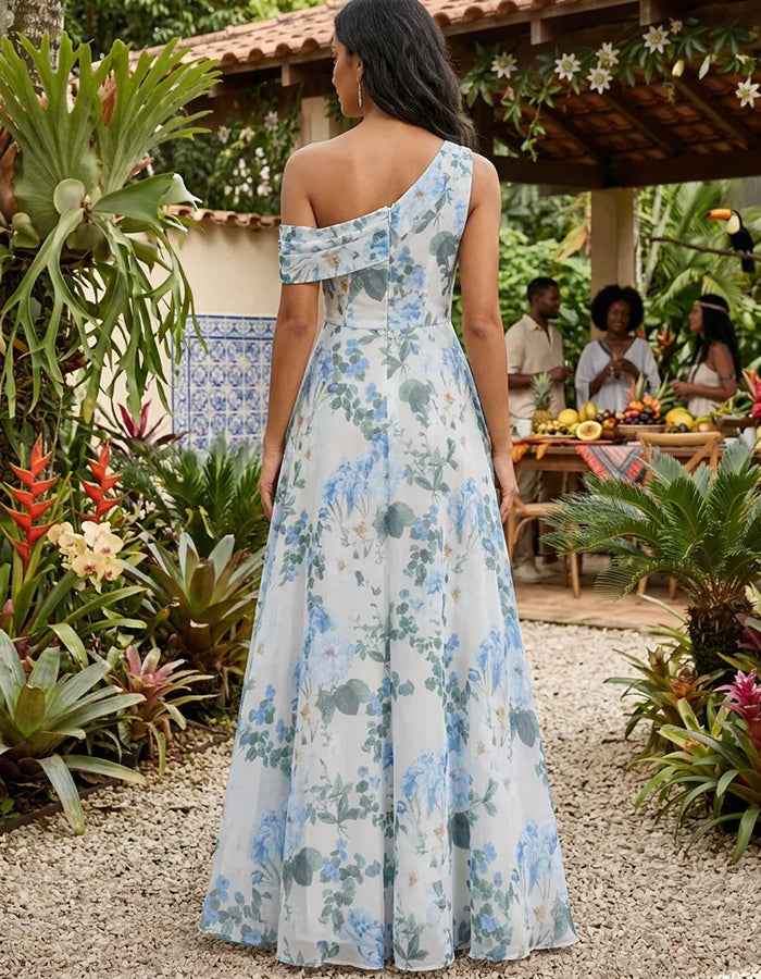 Blue Floral Chiffon One‑Shoulder Ruffled High Slit A‑Line Maxi Dress