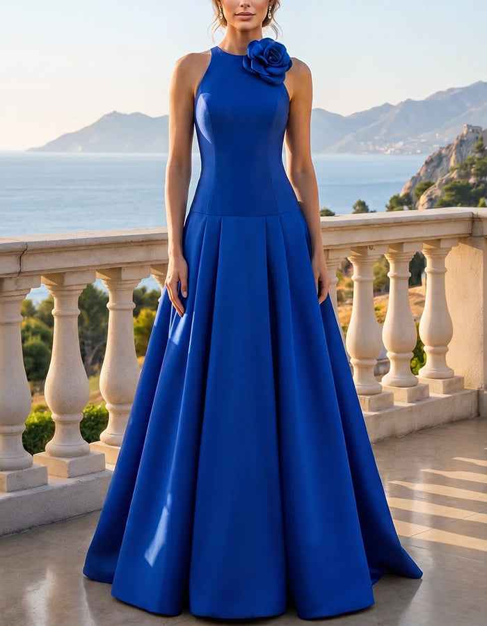 Satin Halter Neck Sleeveless 3D Floral Applique Pleated Maxi Dress
