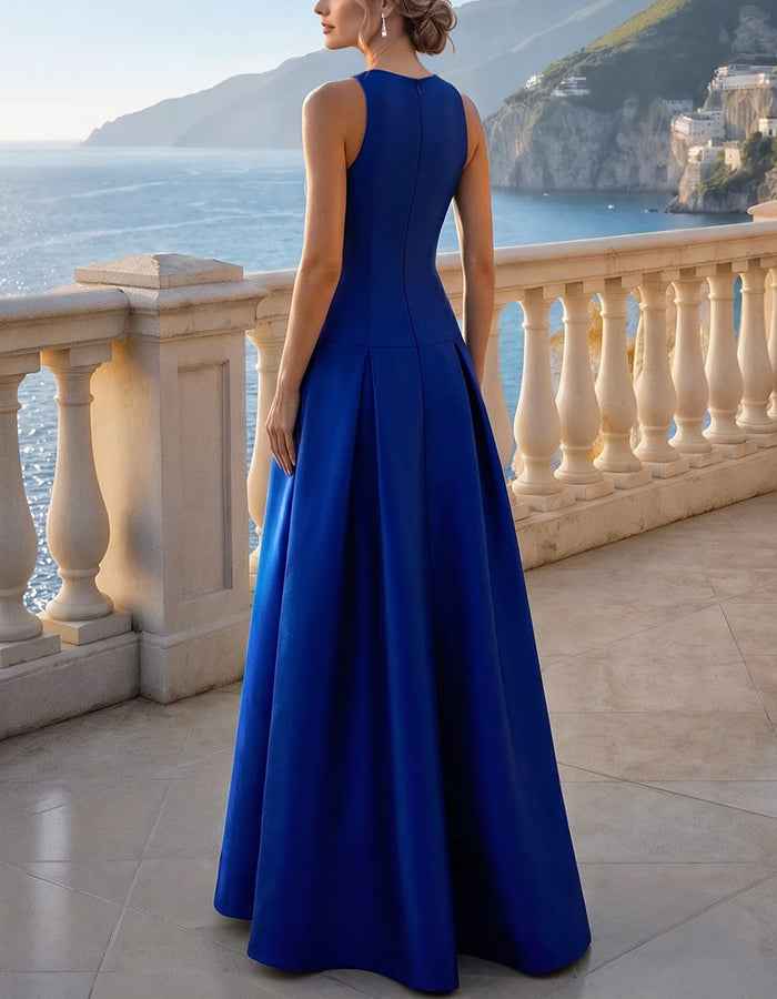 Satin Halter Neck Sleeveless 3D Floral Applique Pleated Maxi Dress
