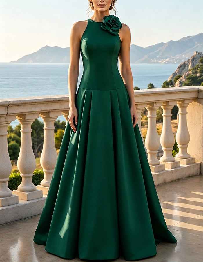 Satin Halter Neck Sleeveless 3D Floral Applique Pleated Maxi Dress