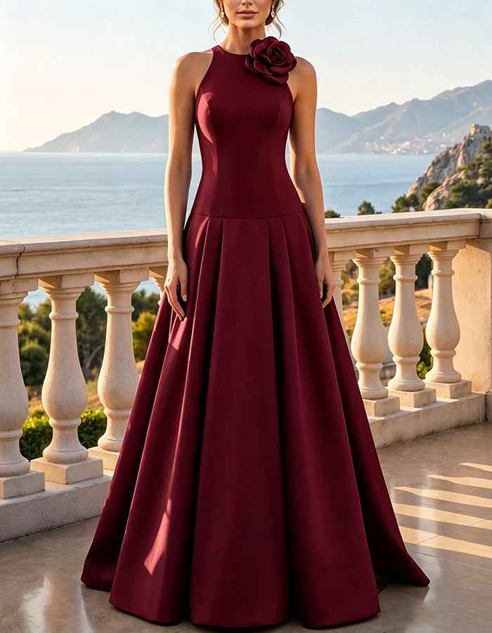 Satin Halter Neck Sleeveless 3D Floral Applique Pleated Maxi Dress