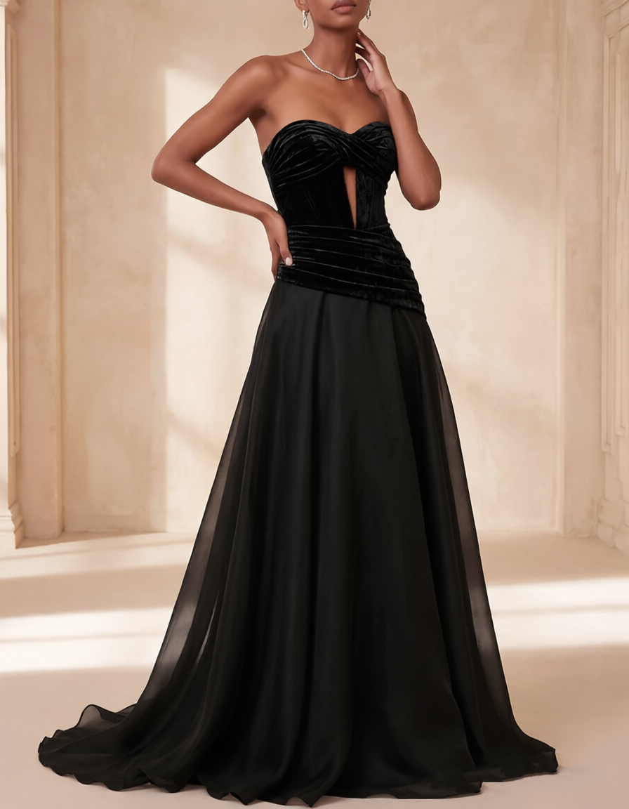 Vestido maxi de chiffon com recorte torcido, corte em linha A e veludo