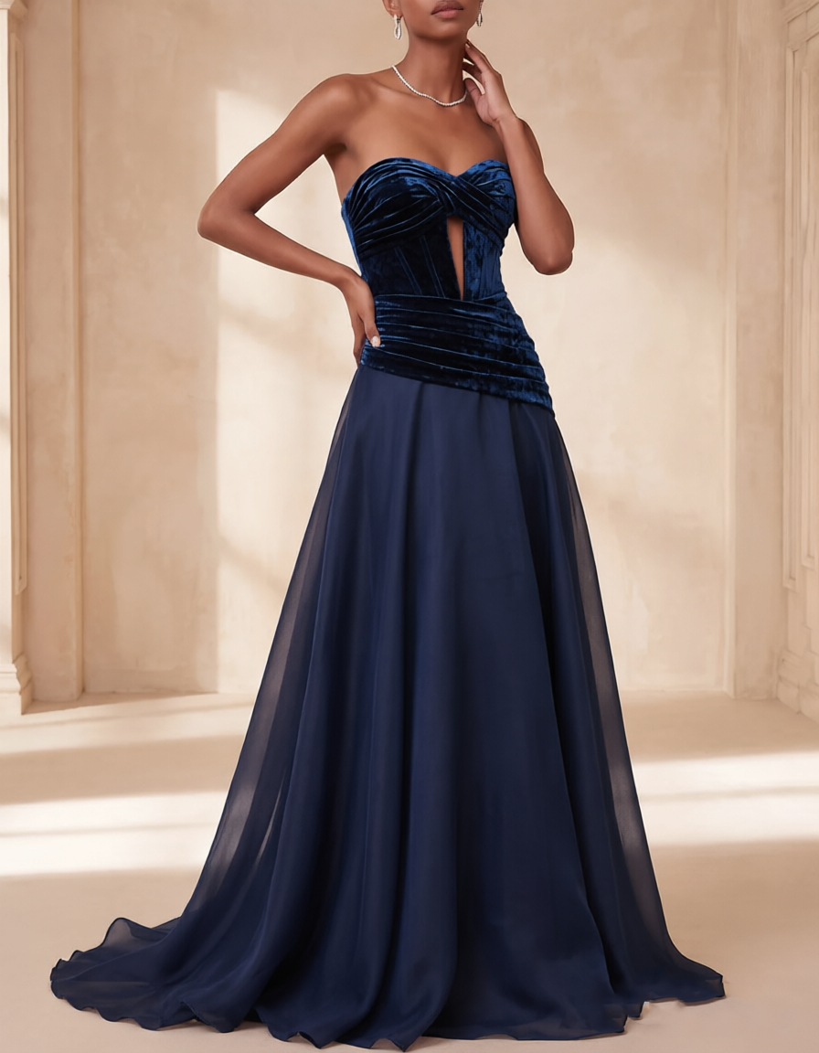 Vestido maxi de chiffon com recorte torcido, corte em linha A e veludo