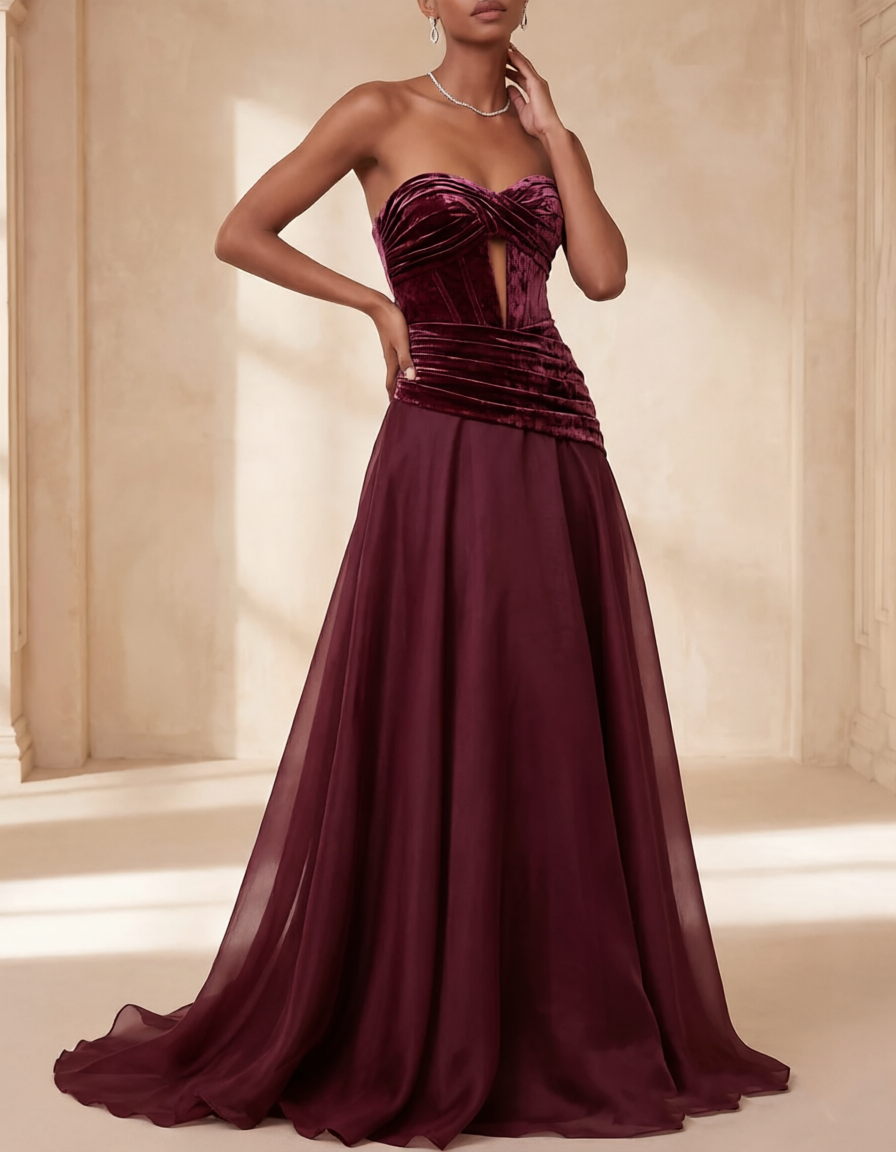 Vestido maxi de chiffon com recorte torcido, corte em linha A e veludo