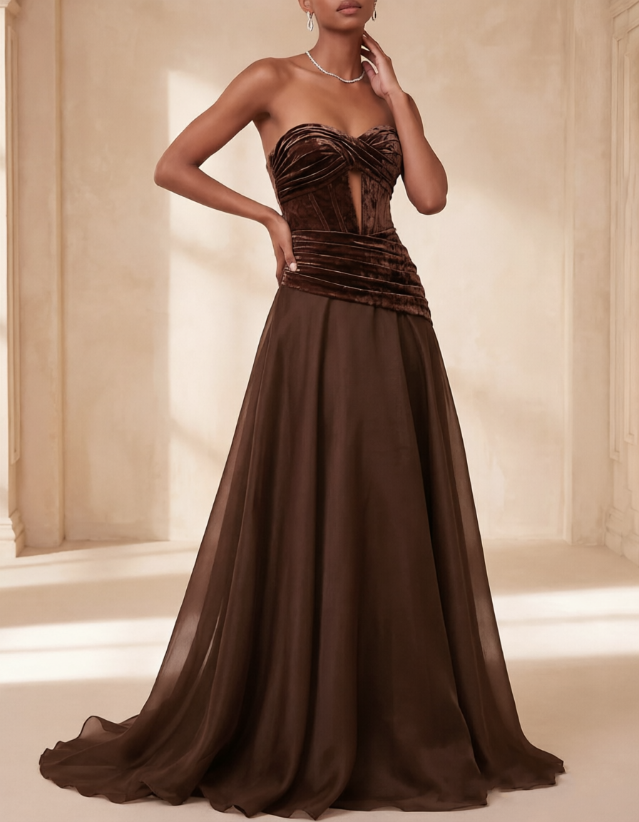 Vestido maxi de chiffon com recorte torcido, corte em linha A e veludo