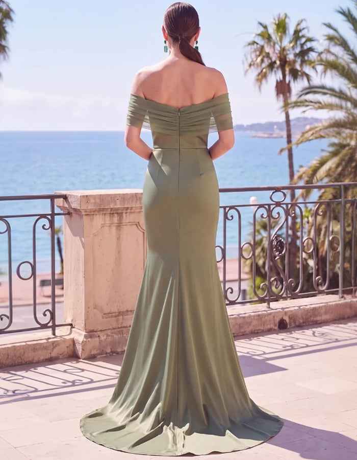 Sage Green Satin Mesh Off‑Shoulder Ruched Mermaid Maxi Dress