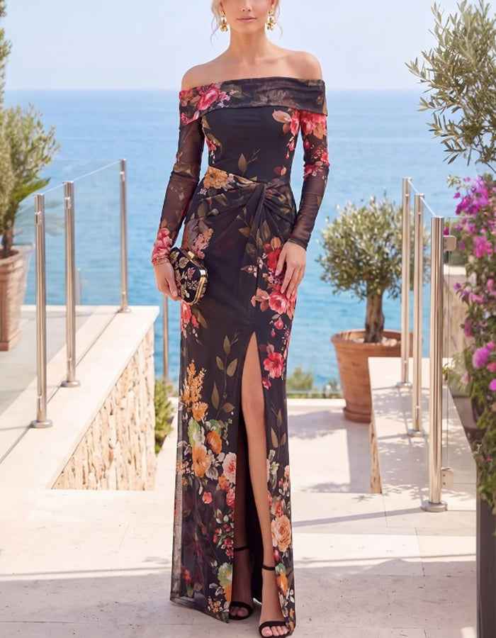 Black Floral Chiffon Off‑Shoulder Long Sleeve High Slit Maxi Dress