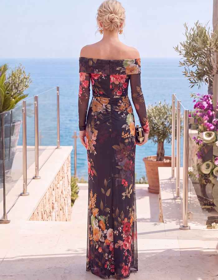 Black Floral Chiffon Off‑Shoulder Long Sleeve High Slit Maxi Dress