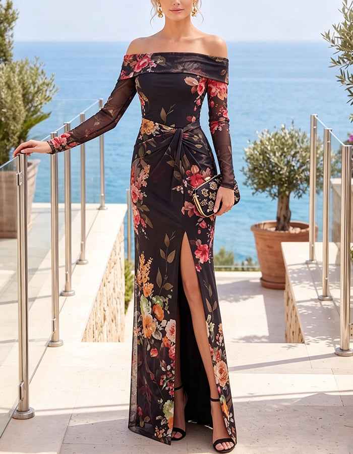 Black Floral Chiffon Off‑Shoulder Long Sleeve High Slit Maxi Dress