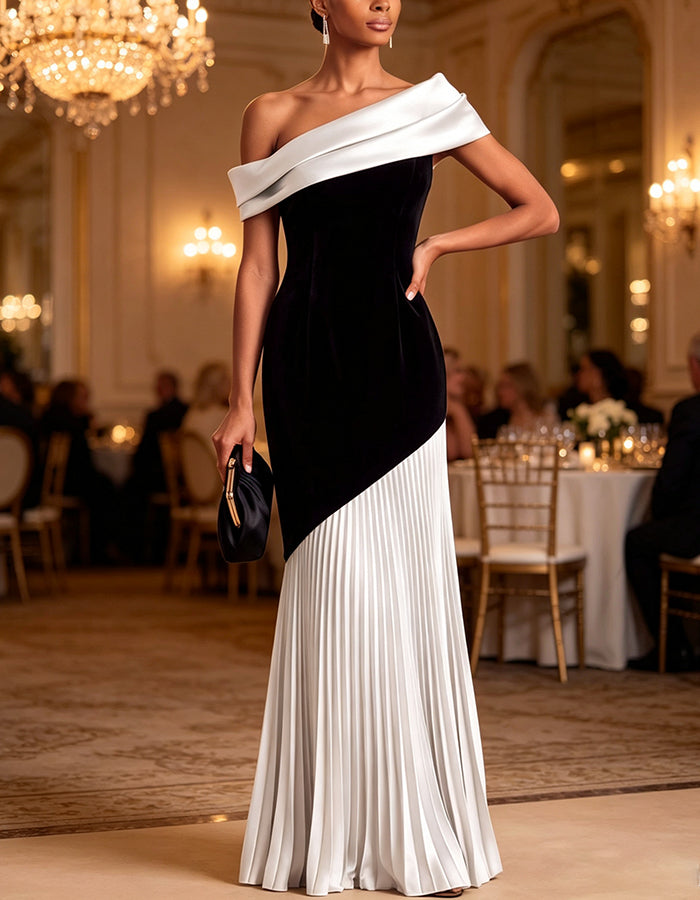 Vestido maxi de veludo plissado e drapeado, acetinado, assimétrico e sem ombros