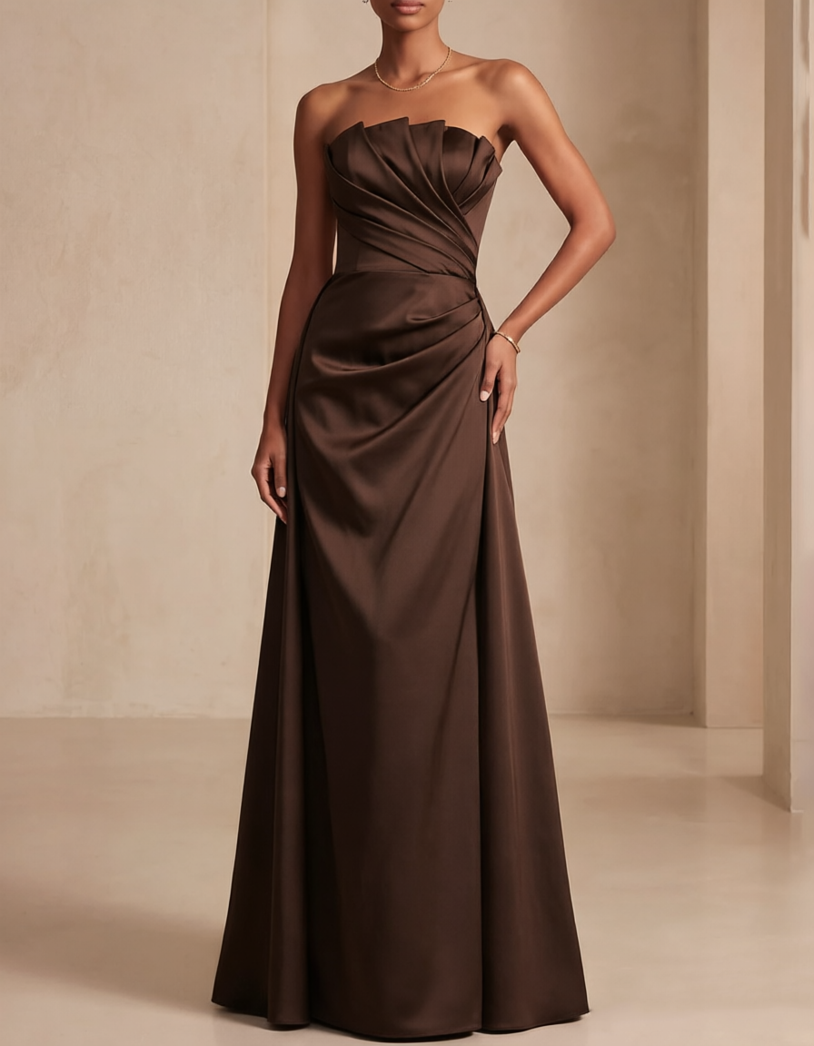 Robe longue trapèze en satin drapé et sans bretelles