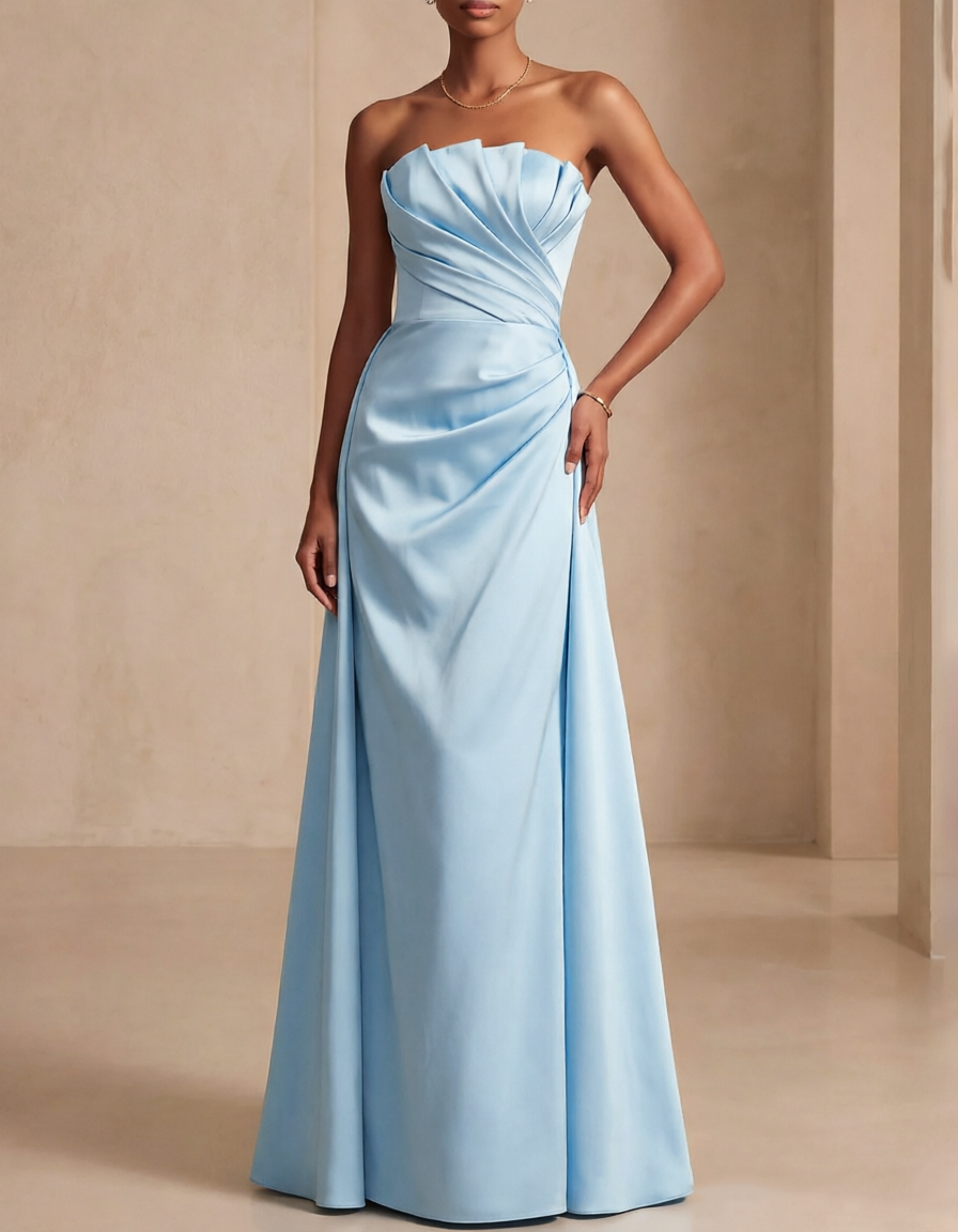 Robe longue trapèze en satin drapé et sans bretelles