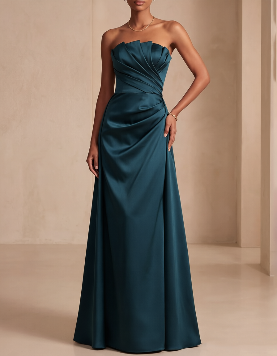 Robe longue trapèze en satin drapé et sans bretelles