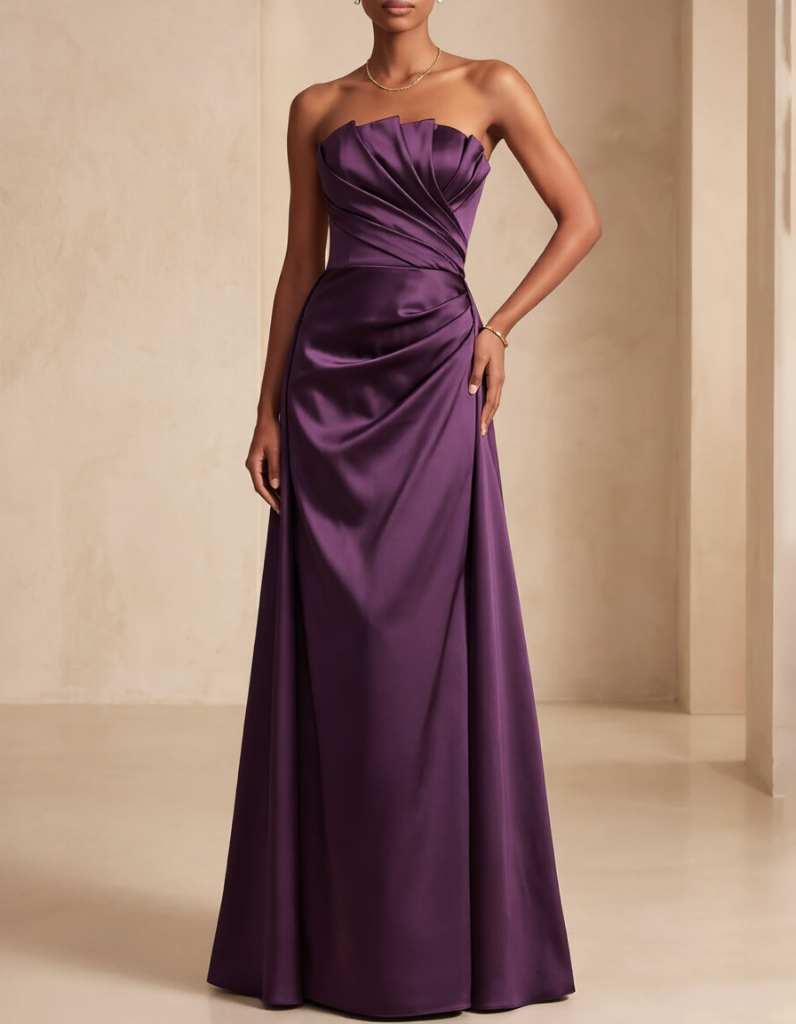Robe longue trapèze en satin drapé et sans bretelles