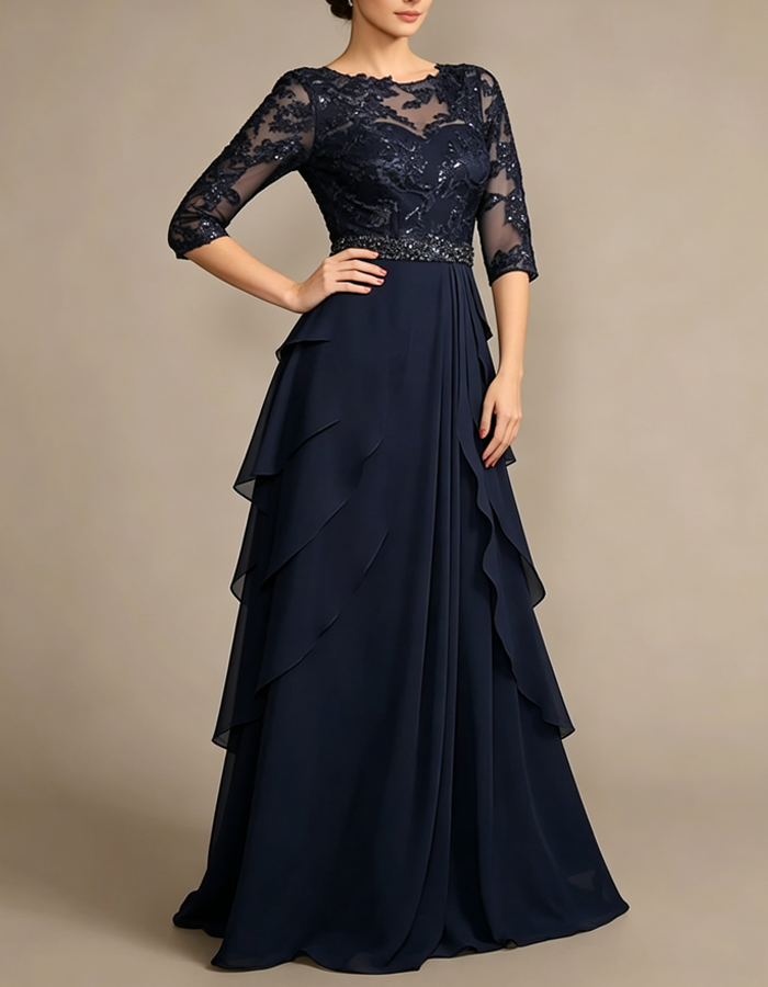 Lace Sequin 3/4 Sleeve Chiffon A‑Line Formal Evening Gown Maxi Dress