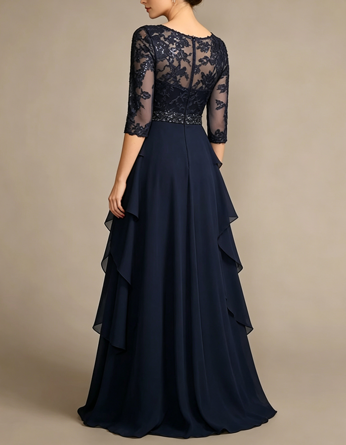 Lace Sequin 3/4 Sleeve Chiffon A‑Line Formal Evening Gown Maxi Dress