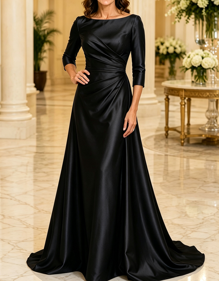 Vestido de noite comprido formal, em cetim, de corte evasé, com decote barco, mangas 3/4 e cauda