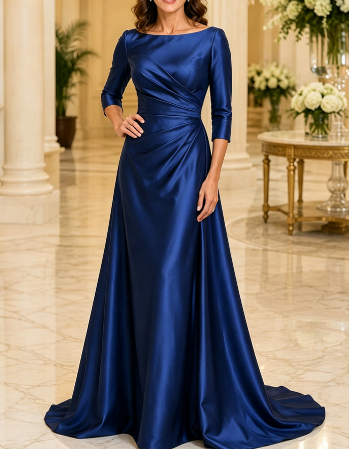 Vestido de noite comprido formal, em cetim, de corte evasé, com decote barco, mangas 3/4 e cauda