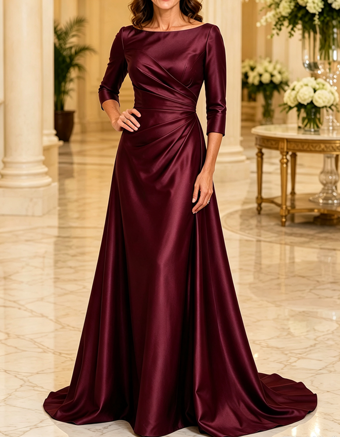 Vestido de noite comprido formal, em cetim, de corte evasé, com decote barco, mangas 3/4 e cauda