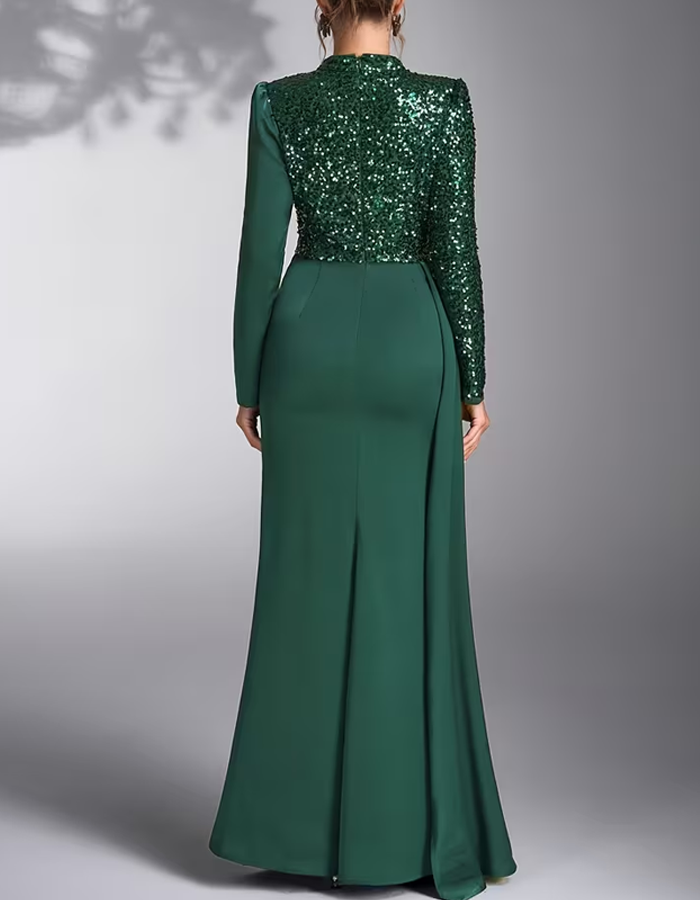 Robe de soirée longue sirène en satin à sequins et col montant