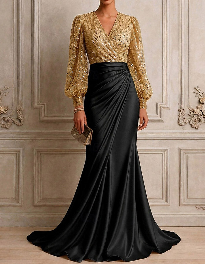 Vestido maxi sereia com lantejoulas, tule e cetim, dourado champanhe, decote em V e mangas compridas tufadas