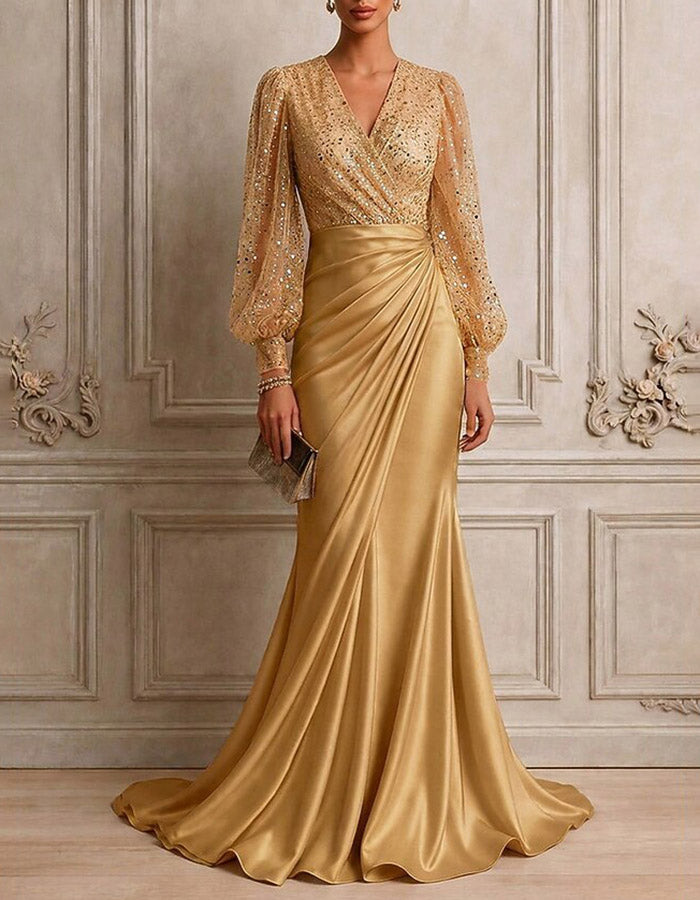 Vestido maxi sereia com lantejoulas, tule e cetim, dourado champanhe, decote em V e mangas compridas tufadas