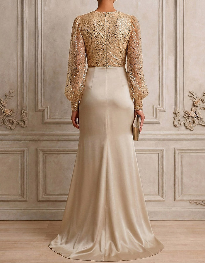 Vestido largo de sirena de tul con lentejuelas y satén, con mangas abullonadas y escote en V, color champán dorado
