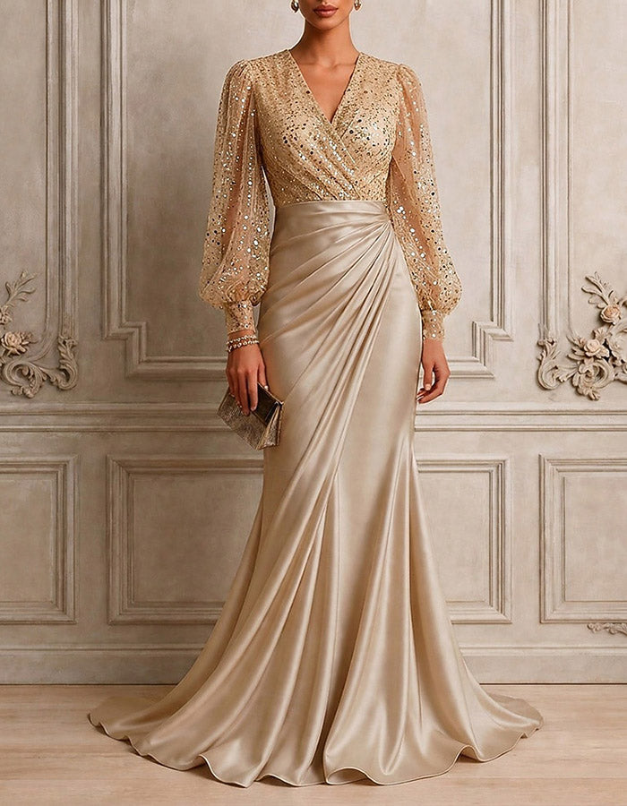 Vestido maxi sereia com lantejoulas, tule e cetim, dourado champanhe, decote em V e mangas compridas tufadas