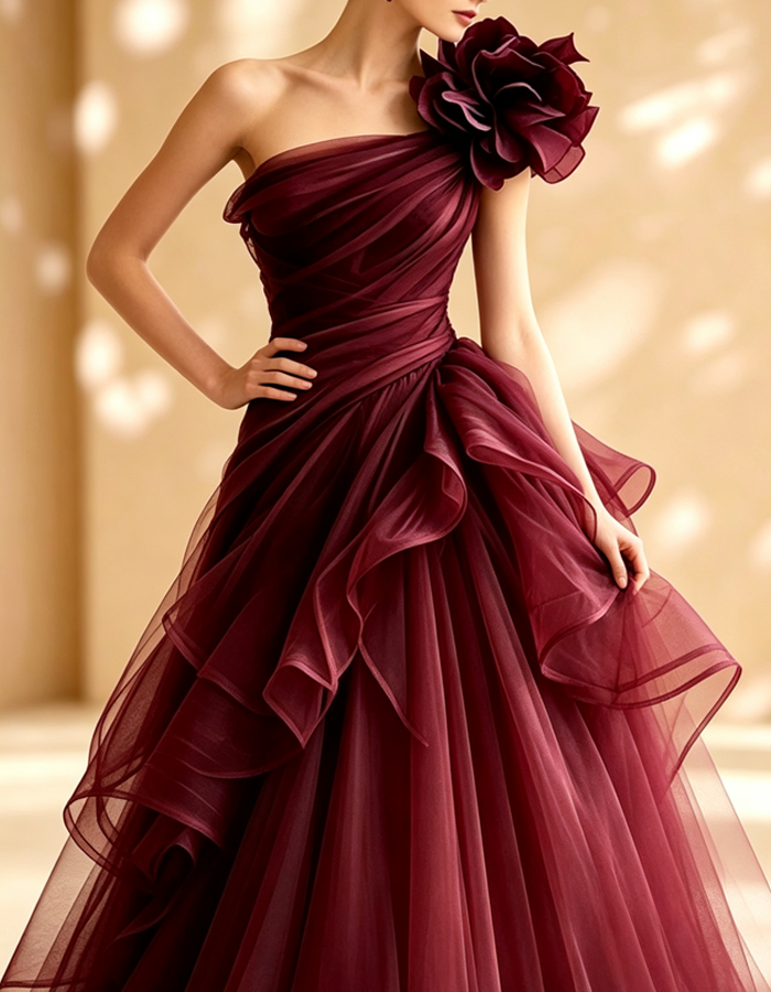 Vestido de noite comprido de tule com flores 3D, de um ombro só, cor borgonha