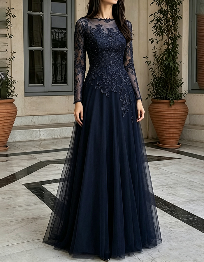 Abito lungo svasato in pizzo blu navy, con scollo rotondo e maniche lunghe