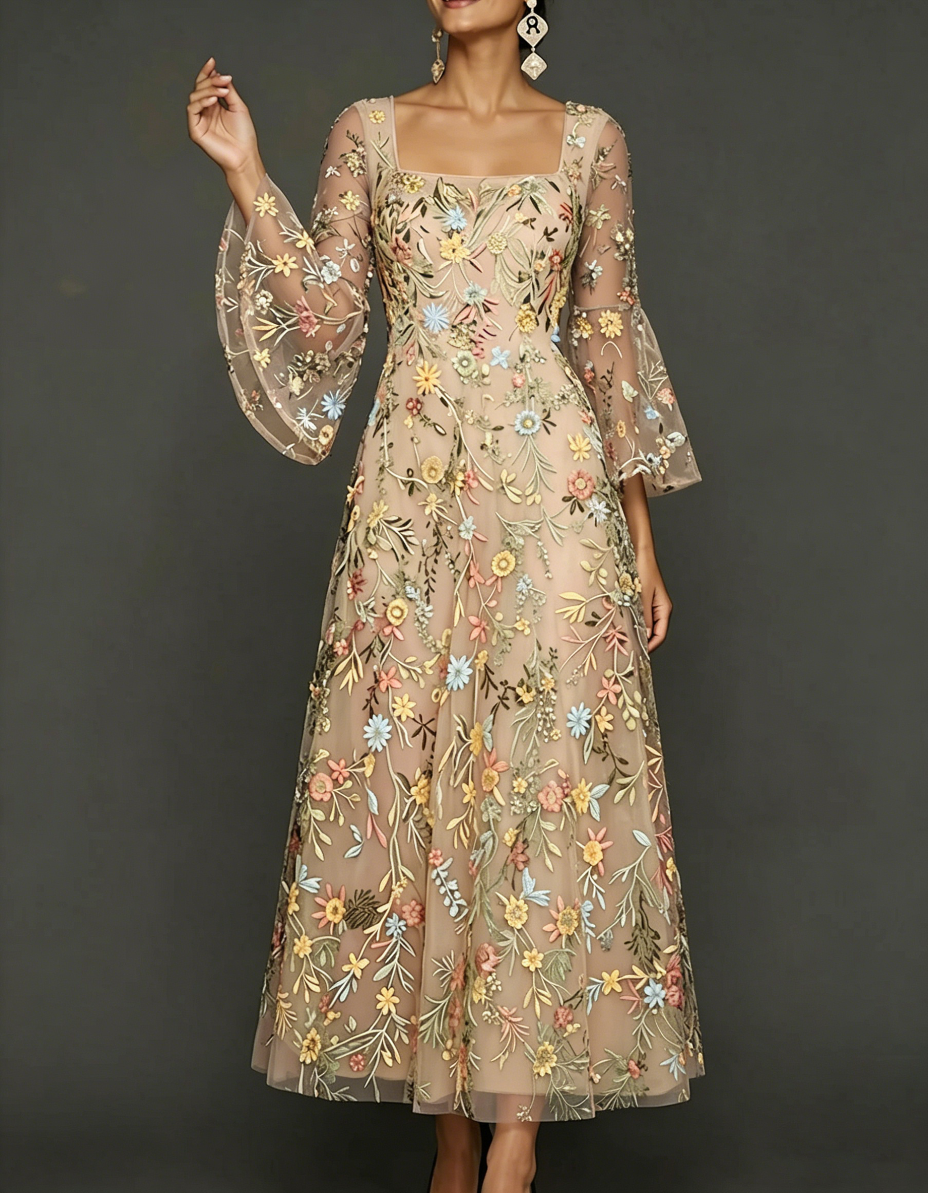 Vestido maxi de chiffon com renda bordada, decote quadrado e cintura ajustada