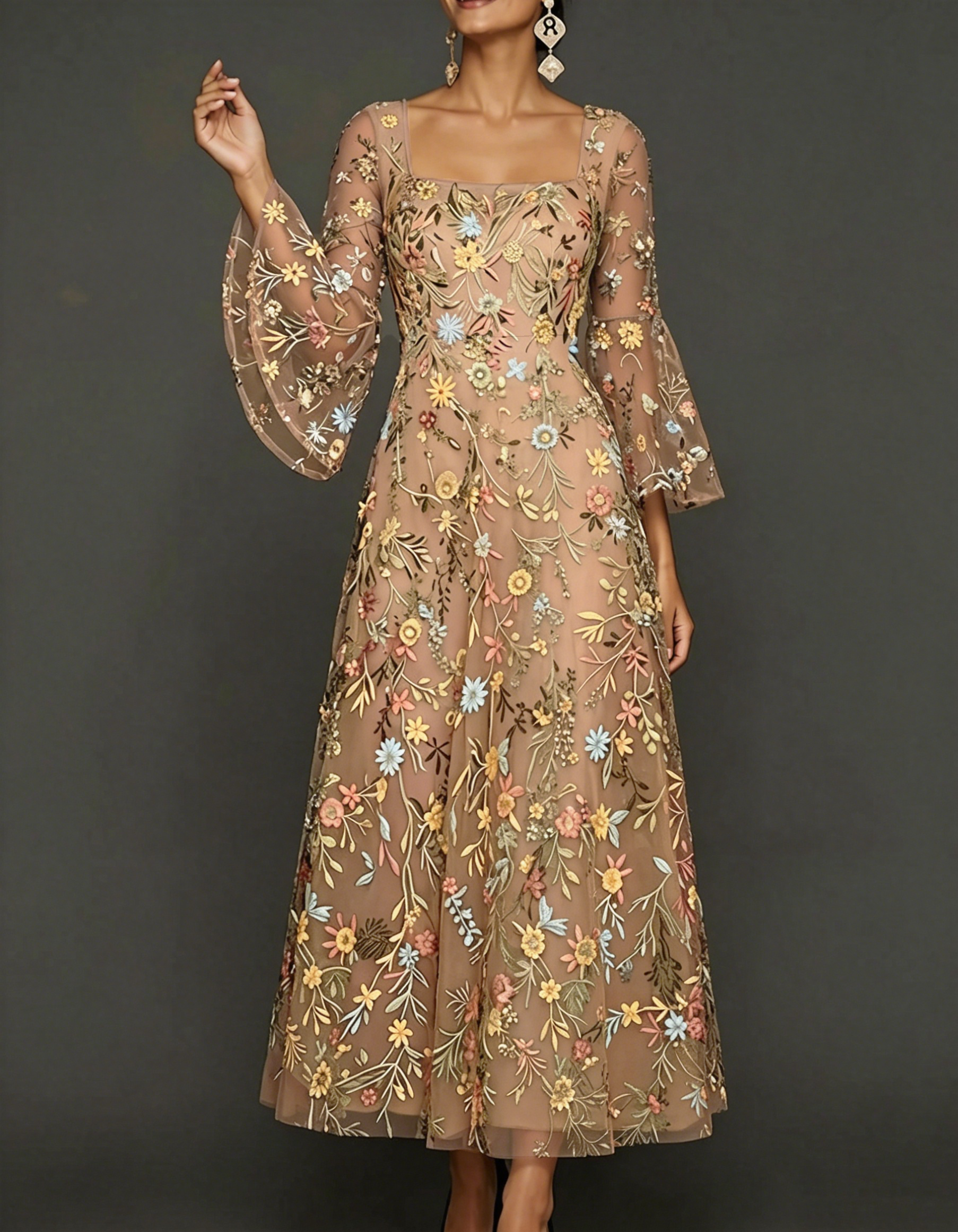 Vestido maxi de chiffon com renda bordada, decote quadrado e cintura ajustada