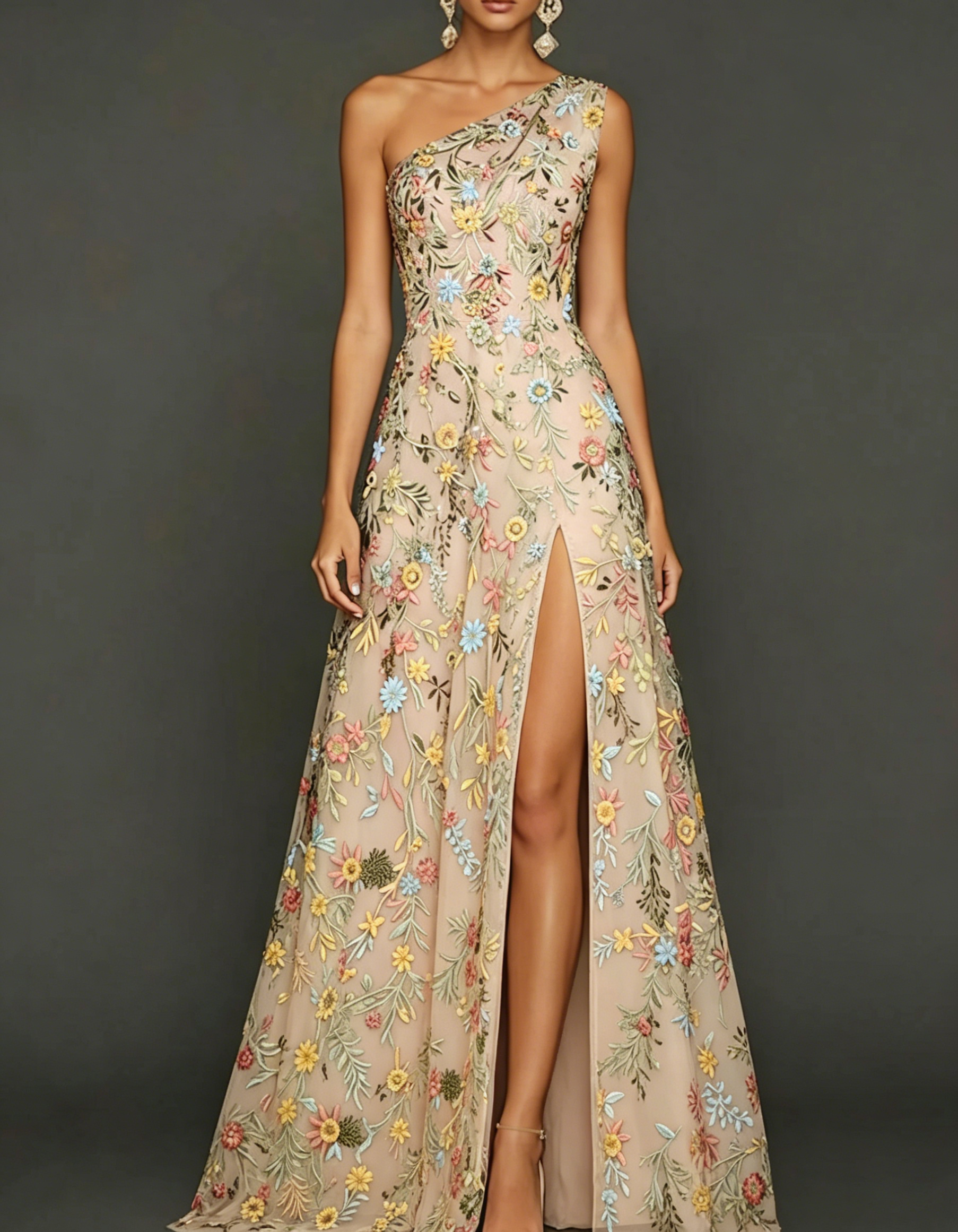 Vestido maxi de chiffon com renda bordada, um ombro só e cintura ajustada