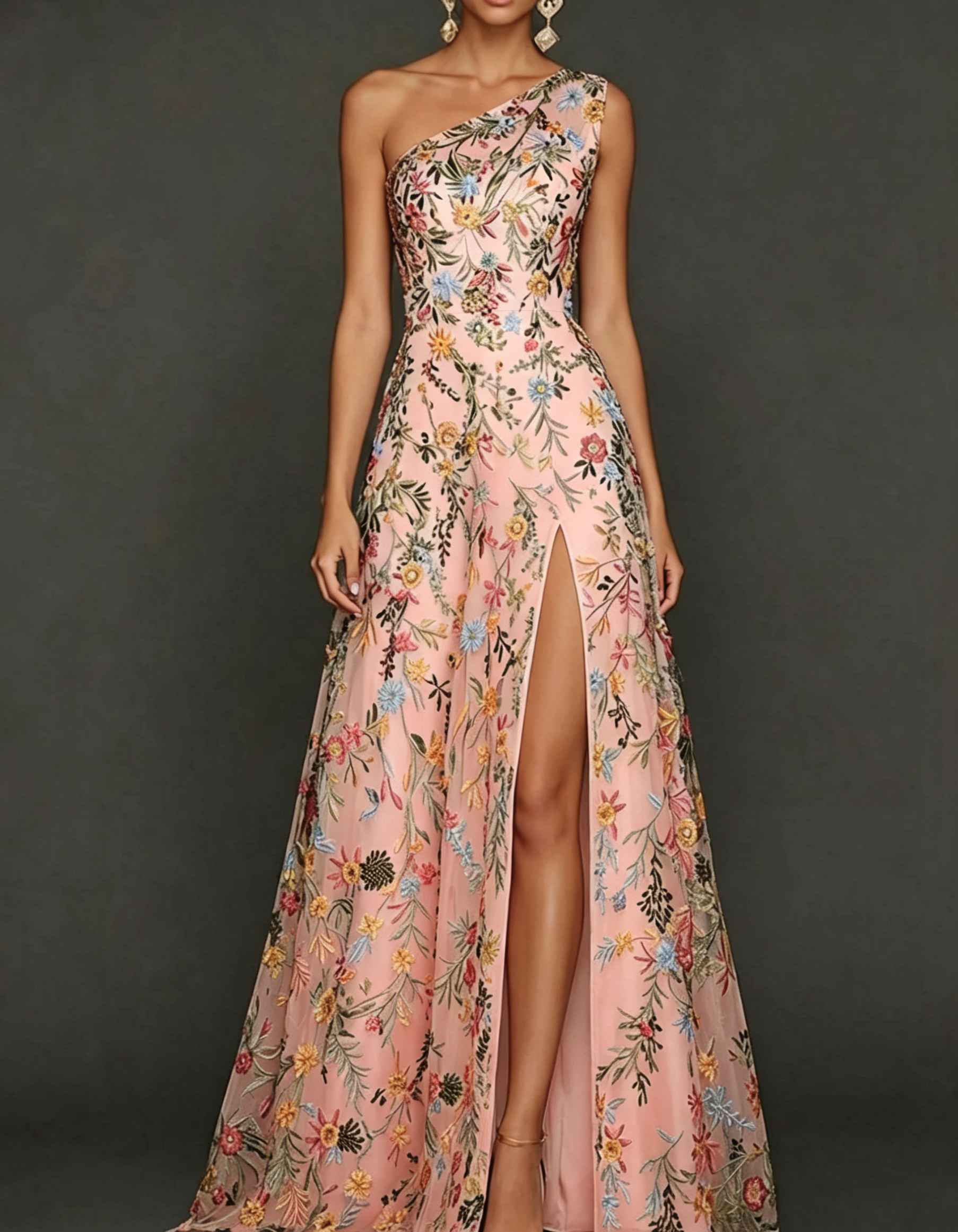 Vestido maxi de chiffon com renda bordada, um ombro só e cintura ajustada