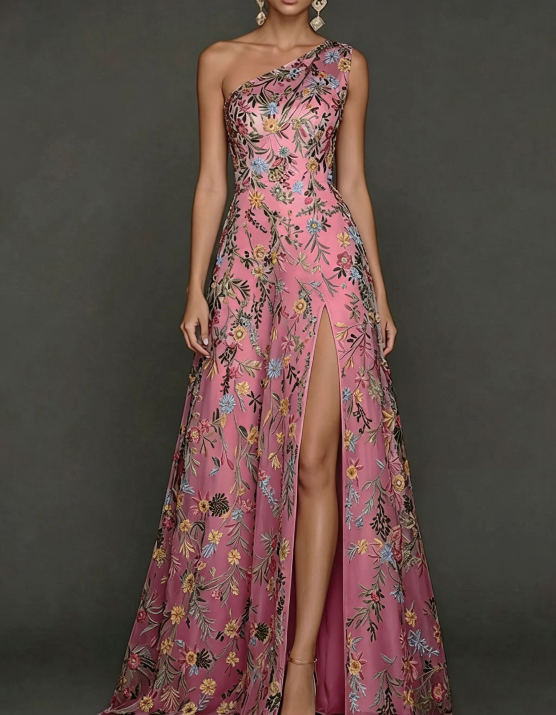 Vestido maxi de chiffon com renda bordada, um ombro só e cintura ajustada
