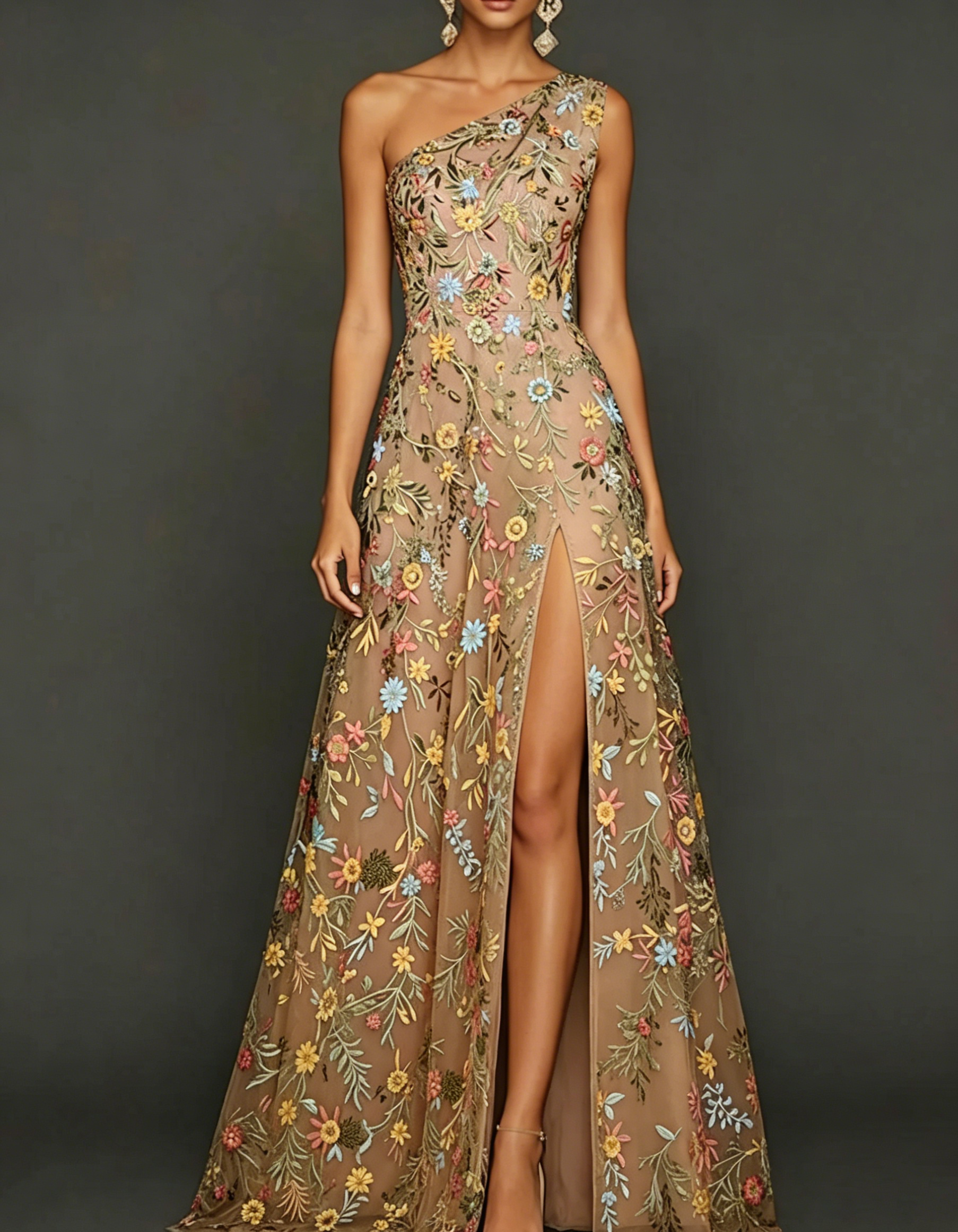 Maxikleid aus besticktem Chiffon mit Spitze, Ein-Schulter-Design und tailliertem Schnitt