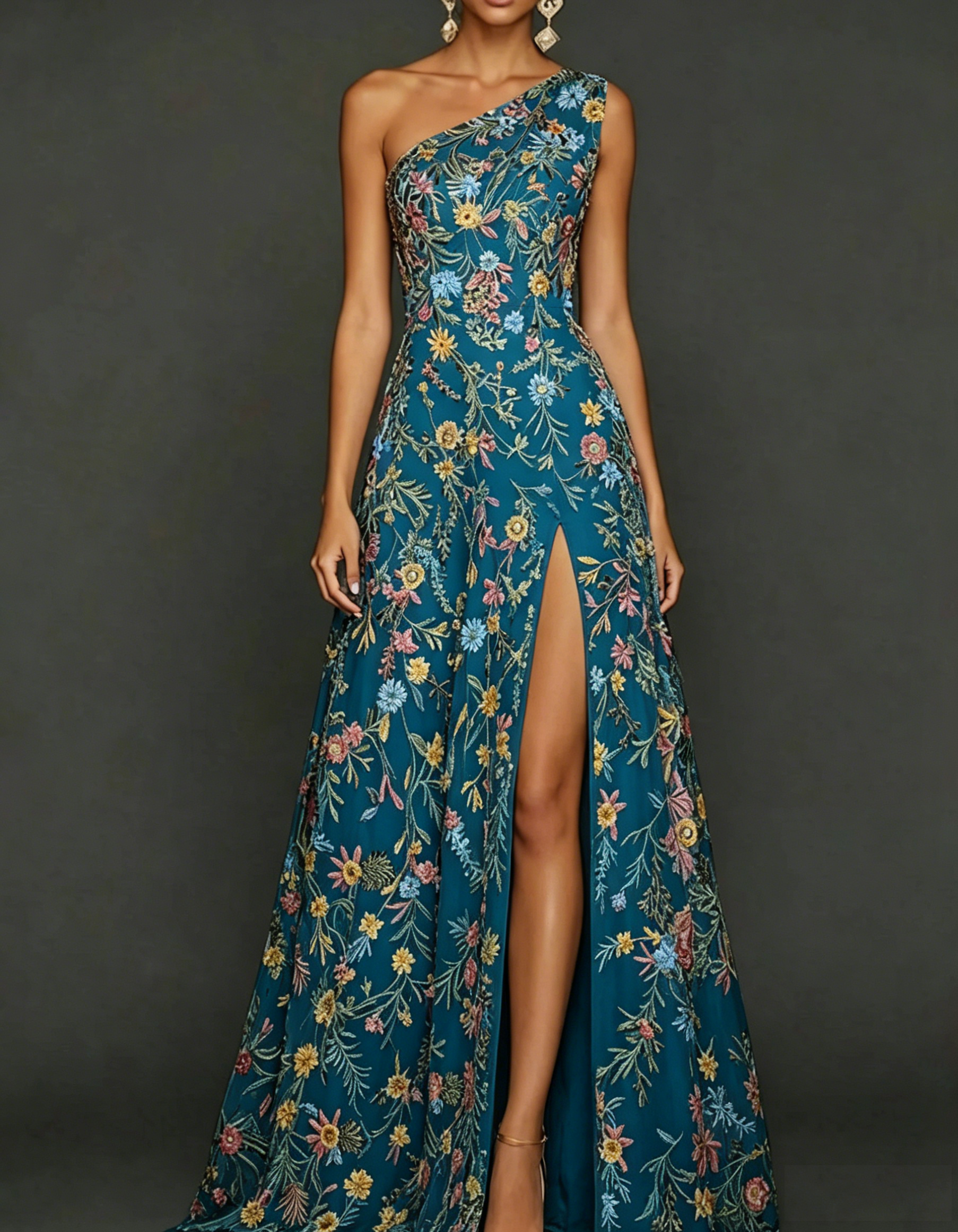 Vestido maxi de chiffon com renda bordada, um ombro só e cintura ajustada