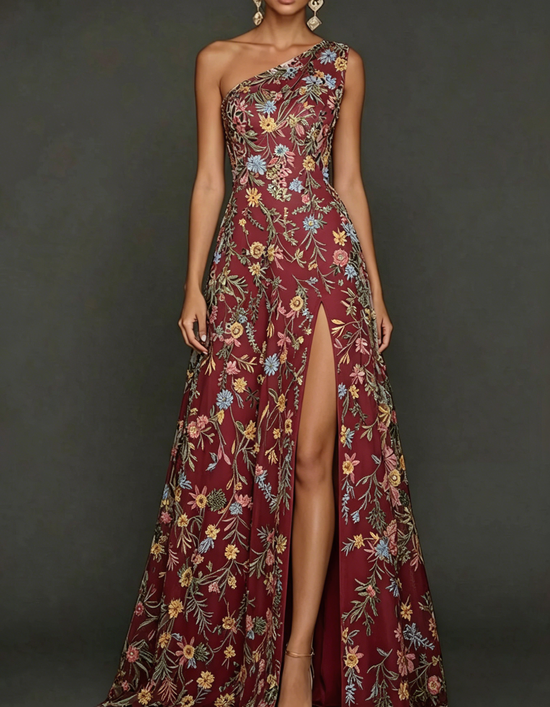 Vestido maxi de chiffon com renda bordada, um ombro só e cintura ajustada