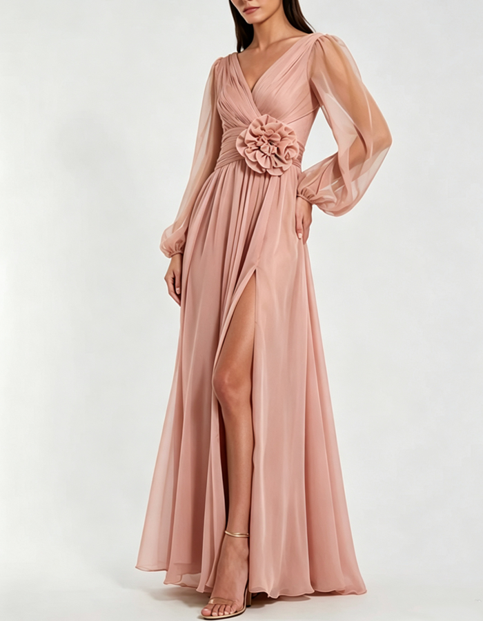 Chiffon-Maxikleid mit V-Ausschnitt, 3D-Blumenmuster und langen Ärmeln
