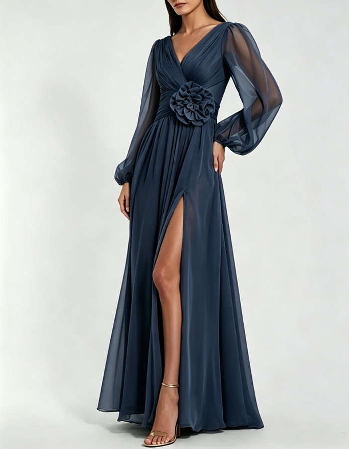 Chiffon-Maxikleid mit V-Ausschnitt, 3D-Blumenmuster und langen Ärmeln