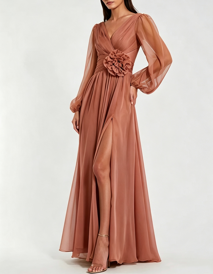 Chiffon-Maxikleid mit V-Ausschnitt, 3D-Blumenmuster und langen Ärmeln
