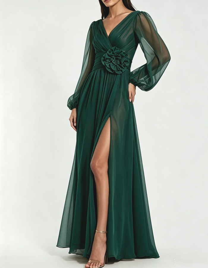 Chiffon-Maxikleid mit V-Ausschnitt, 3D-Blumenmuster und langen Ärmeln