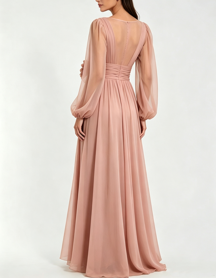 Chiffon-Maxikleid mit V-Ausschnitt, 3D-Blumenmuster und langen Ärmeln