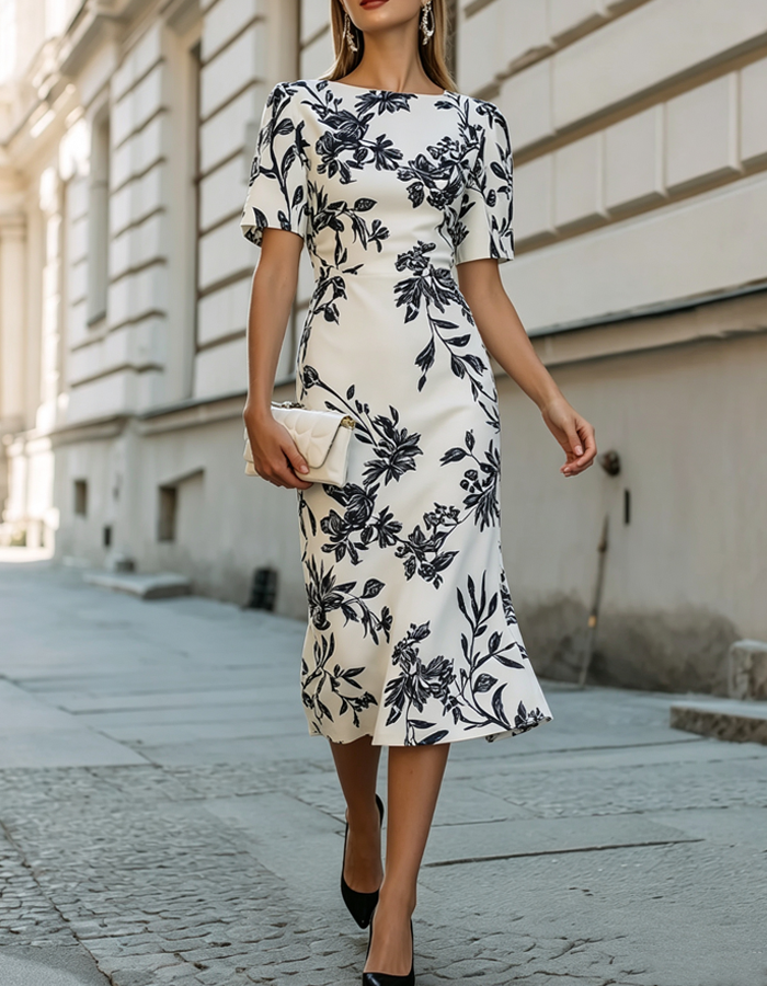 Offwhite midi-klänning med botaniskt blommönster och båtringning