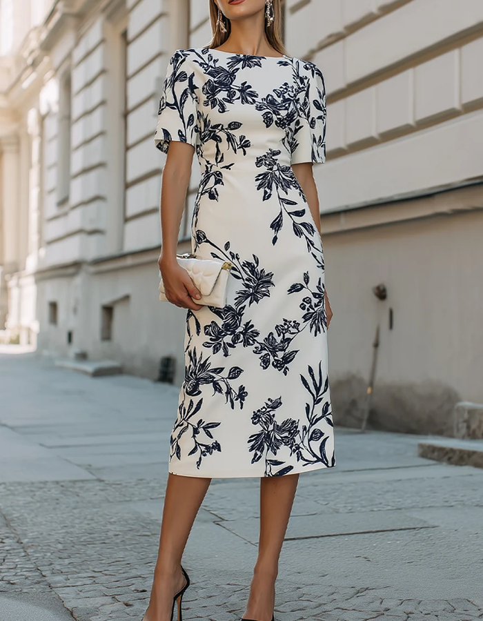 Offwhite midi-klänning med botaniskt blommönster och båtringning