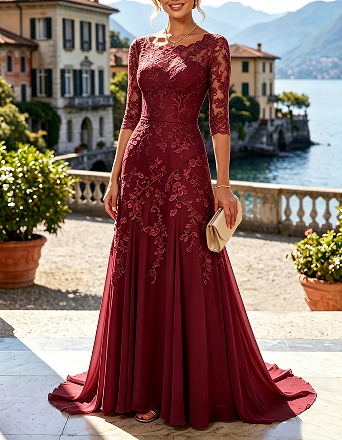 Vestido largo de gasa estilo sirena, color ilusión champán, con mangas tres cuartos y aplicaciones florales de encaje